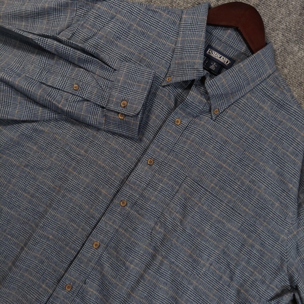 Lands' End Shirt Mens XLT Blue Plaid Long Sleeve Button Up Cotton Tall Casual